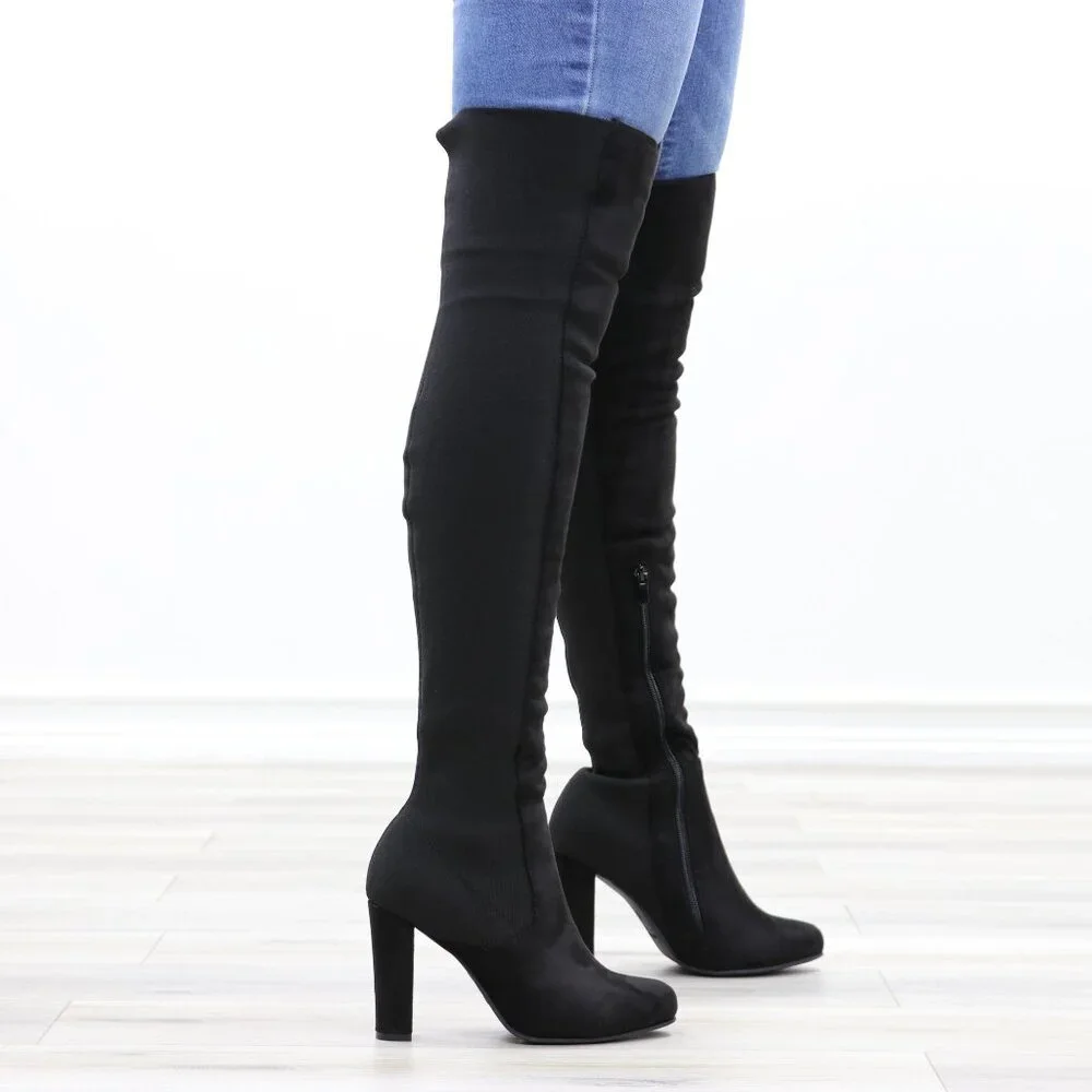 Black Over-the-Knee Boots Pointed Toe Faux Suede High Block Heel